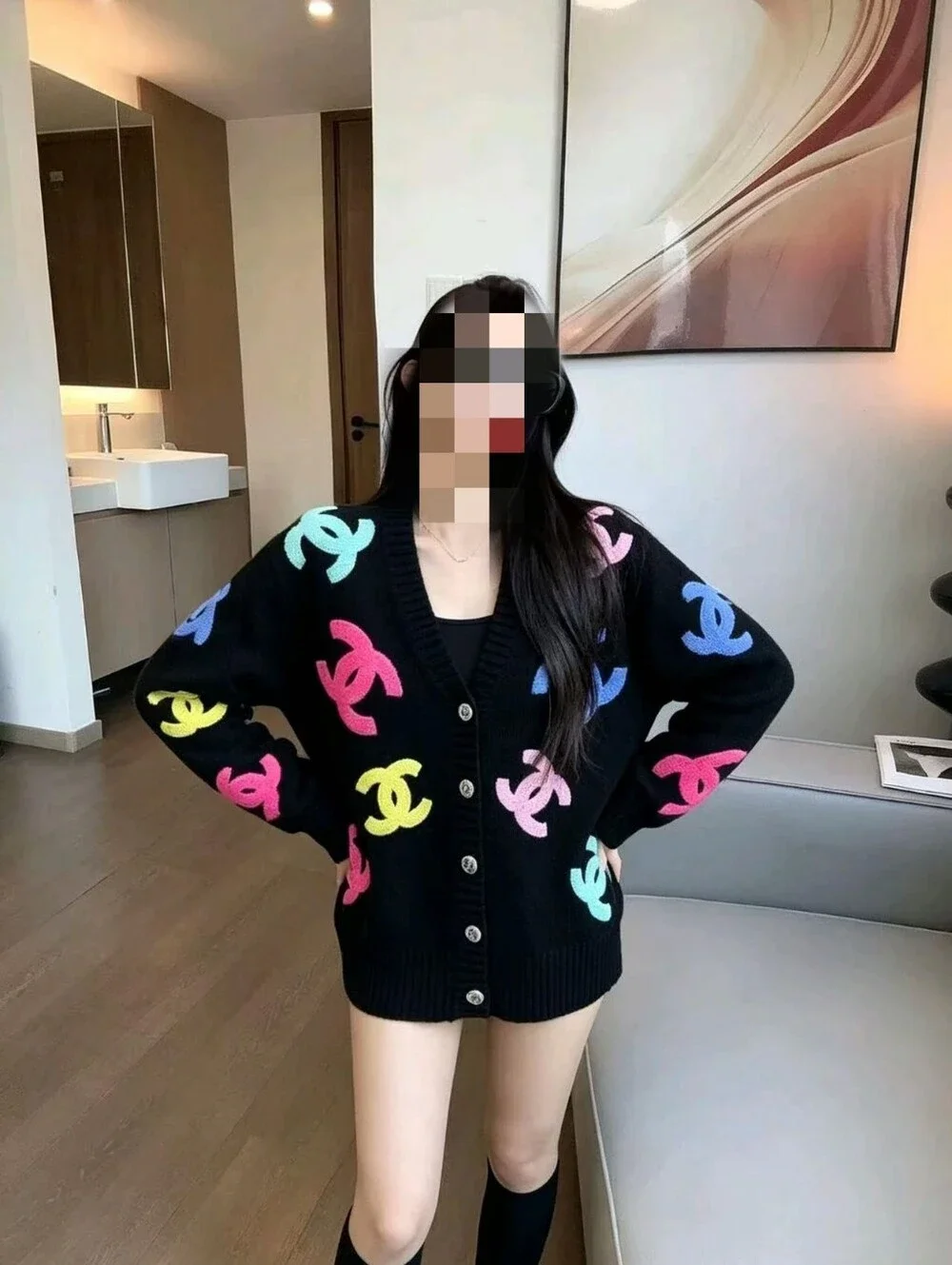 Chanel Black with Multicolor CC Logo Knit Cardigan Sweater